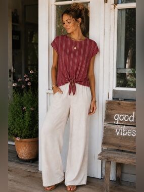 W5 Women's Size M Soft Earthy Orange Textured Striped Front Tie Top Made In USA